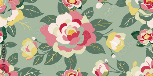 Floral blooming romantic feminine seamless pattern with imitation of satin stitch embroidery