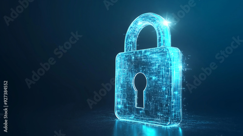 3D rendering of a digital padlock icon isolated on a dark blue background with a glowing effect. Abstract security, cyber technology, and data protection concept design photo