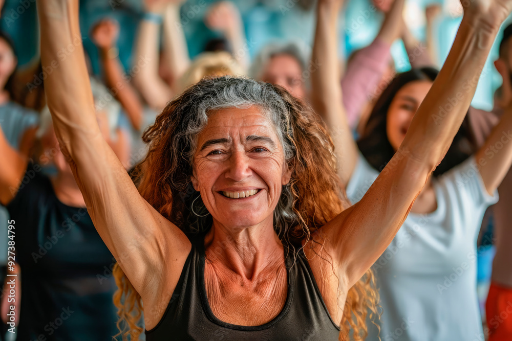 Fototapeta premium A group of smiling female patients of different nationalities and ages with their hands raised in the air, participating in a group exercise led by an instructor, supporting and motivating each other