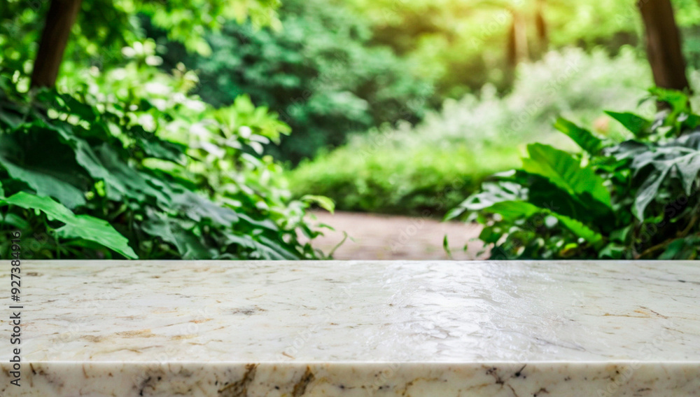An empty stone table top centered on a white surface, set against a blurred background of vibrant green foliage. The scene is designed for displaying products in a natural, serene setting. An empty stone table top centered on a white surface, set against a blurred background of vibrant green foliage. The scene is designed for displaying products in a natural, serene setting.