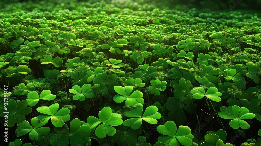 A field of green four-leaf clovers, creating a festive and lucky atmosphere perfect for St. Patrick Day celebrations A field of green four-leaf clovers, creating a festive and lucky atmosphere perfect for St. Patrick Day celebrations