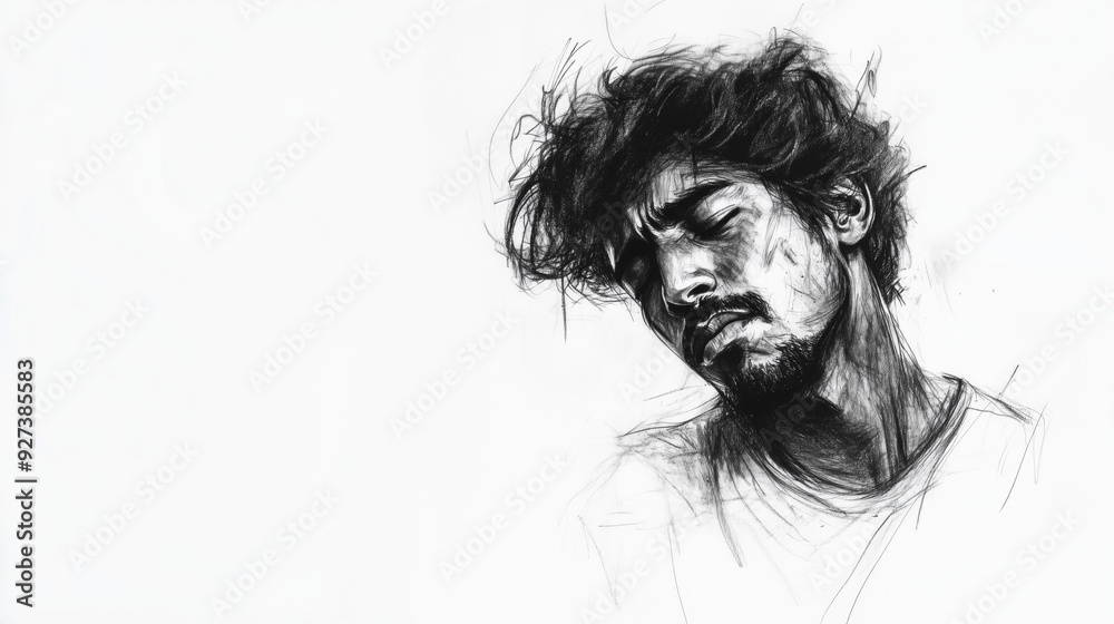 Fototapeta premium Realistic charcoal sketches of a young man capturing deep emotions and powerful expressions