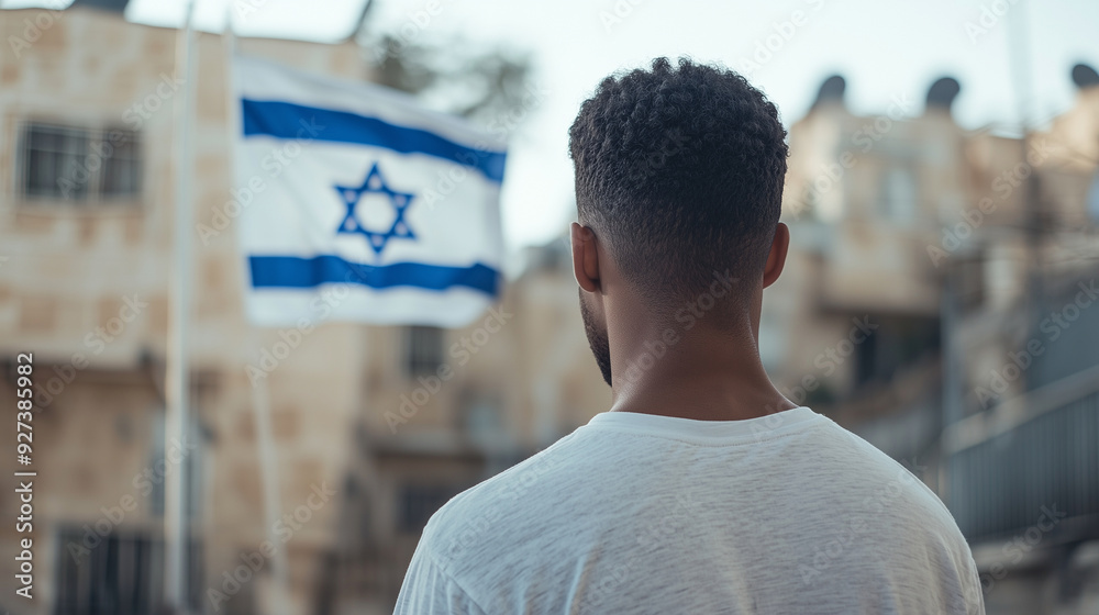 self-assured man is highlighted with the Star of David and the Israeli flag in the background, reflecting a sense of cultural pride and identity, photo self-assured man is highlighted with the Star of David and the Israeli flag in the background, reflecting a sense of cultural pride and identity, photo