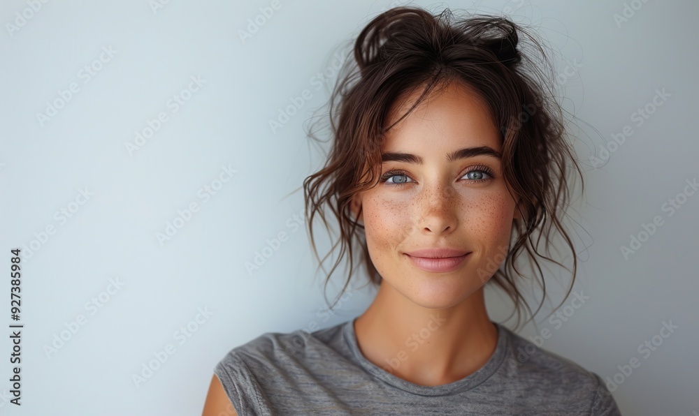 A headshot of a beautiful Caucasian woman with a short haircut, smiling confidently in a t-shirt. A headshot of a beautiful Caucasian woman with a short haircut, smiling confidently in a t-shirt.