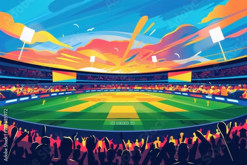 Cricket Stadium under a Colorful Sky