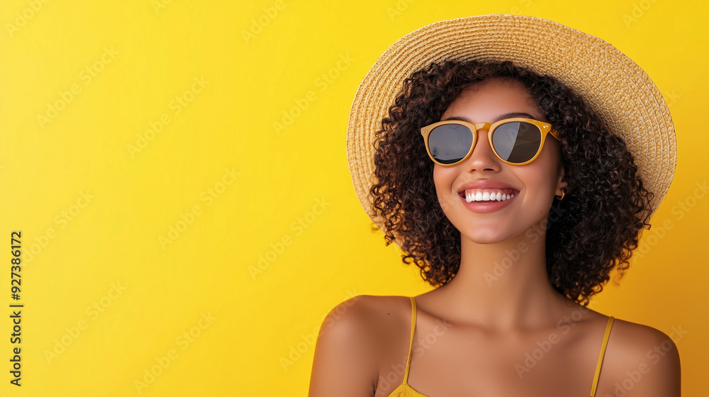 portrait of a smiling woman in sunglasses and a sunhat highlights her positive and vibrant demeanor, set against a bright backdrop that enhances the feeling of summer or leisure, p