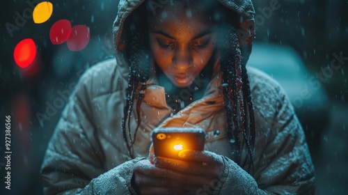 Woman Using Phone in the Snow