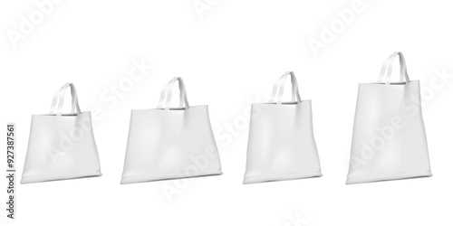 Reusable shopping bag with handles. 3d mockup set. White grocery tote bag. Realistic isolated vector mock-up. Fabric shopper. Template for design