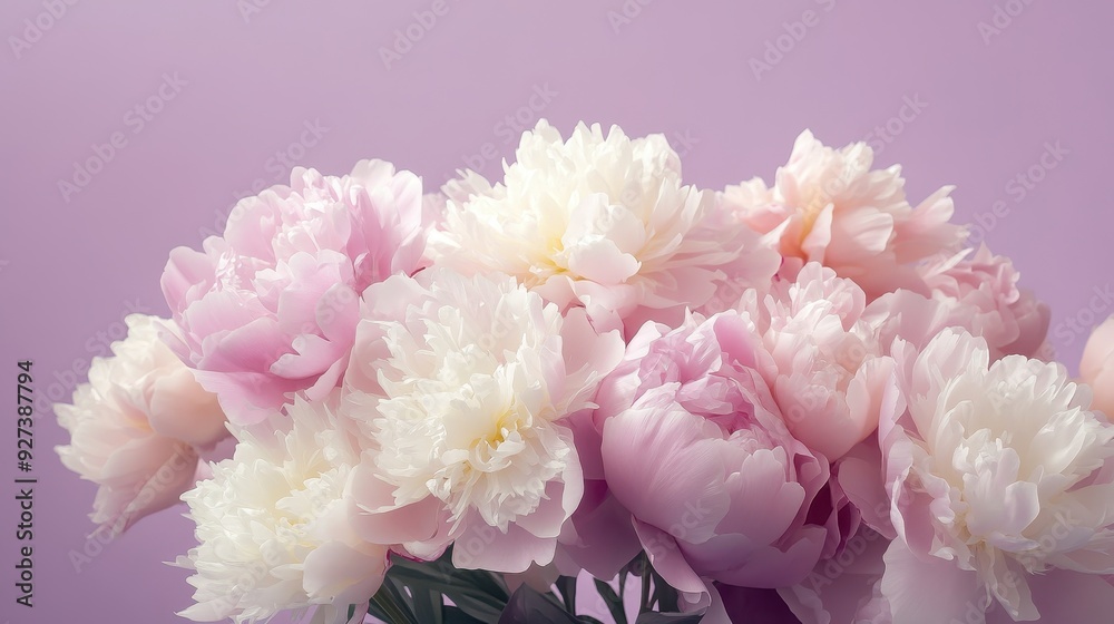 Obraz premium A beautiful bouquet of pink and white peonies against a soft purple background.