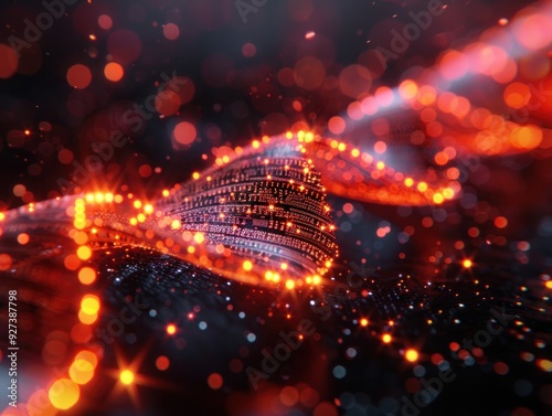 Abstract DNA Spiral with Red Glowing Lights