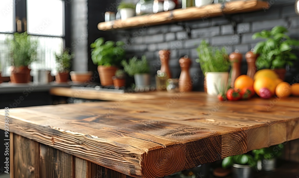 A wooden table top with a blurred kitchen room background, showcasing a modern kitchen interior. A wooden table top with a blurred kitchen room background, showcasing a modern kitchen interior.