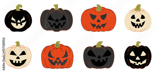 Hand drawn happy and cute halloween elements set.  pumpkin clipart.