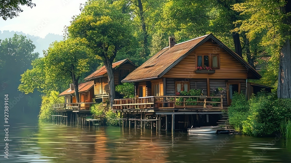 Obraz premium painting style illustration banner wallpaper, beautiful Oil painting of a wooden house by the canal village landscape, Generative Ai