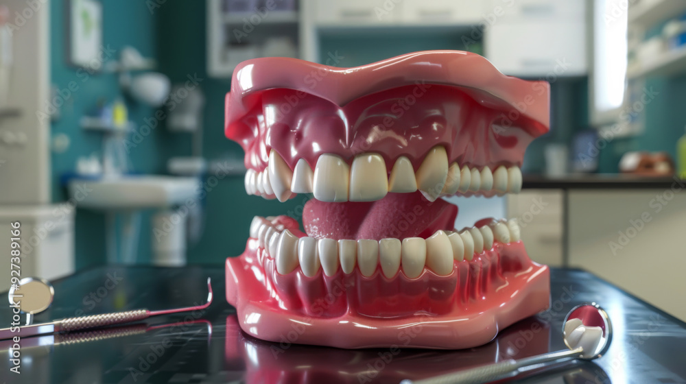 Close-up of a jaw prosthesis on for the presentation of implants in a dental clinic. Concept of dentistry, healthcare. Close-up of a jaw prosthesis on for the presentation of implants in a dental clinic. Concept of dentistry, healthcare.