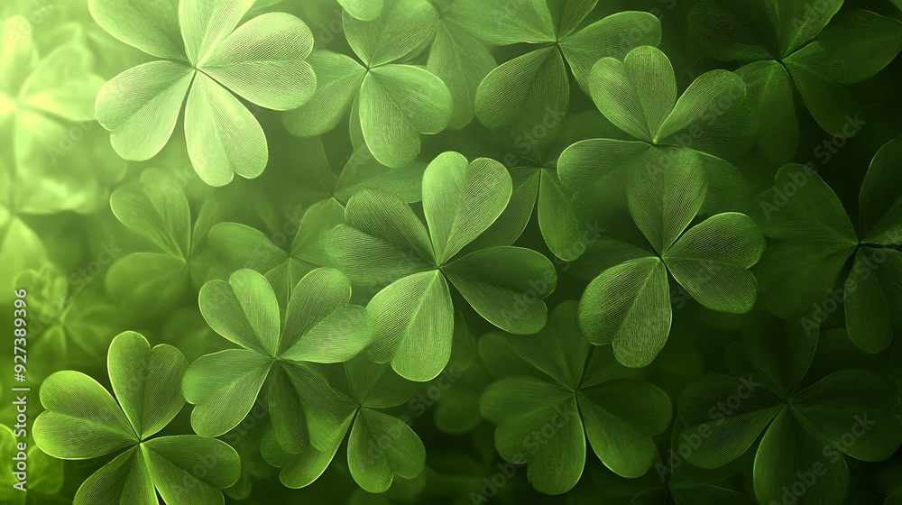 A close up image of bright green shamrock leaves with sunlight shining through. A close up image of bright green shamrock leaves with sunlight shining through.
