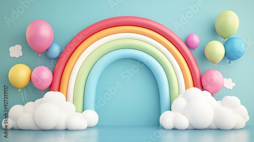 A 3D rainbow arching across a wall, with colorful balloons and clouds, creating a playful scene.