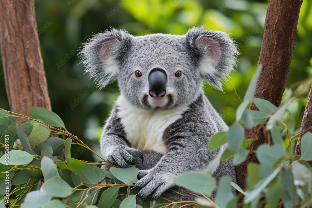 Obraz premium A Close-Up Portrait of a Koala Sitting in a Eucalyptus Tree