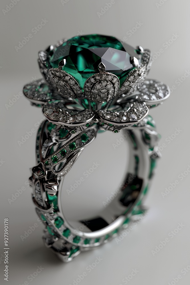 Close-up of a silver ring with a large emerald gemstone in the center, surrounded by smaller emeralds and diamonds. The ring is designed in a floral shape. Close-up of a silver ring with a large emerald gemstone in the center, surrounded by smaller emeralds and diamonds. The ring is designed in a floral shape.
