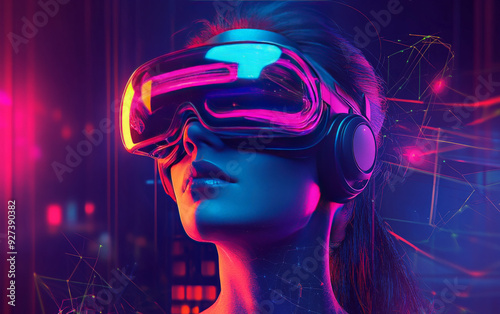 futuristic digital artwork of a woman wearing VR goggles with neon effects