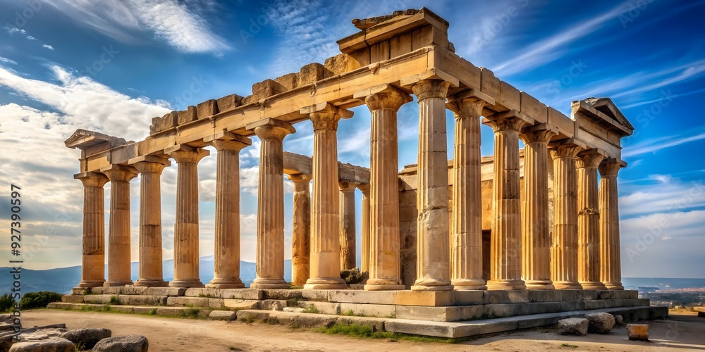 Ruins of an ancient Greek temple with columns and statues, ruins ...