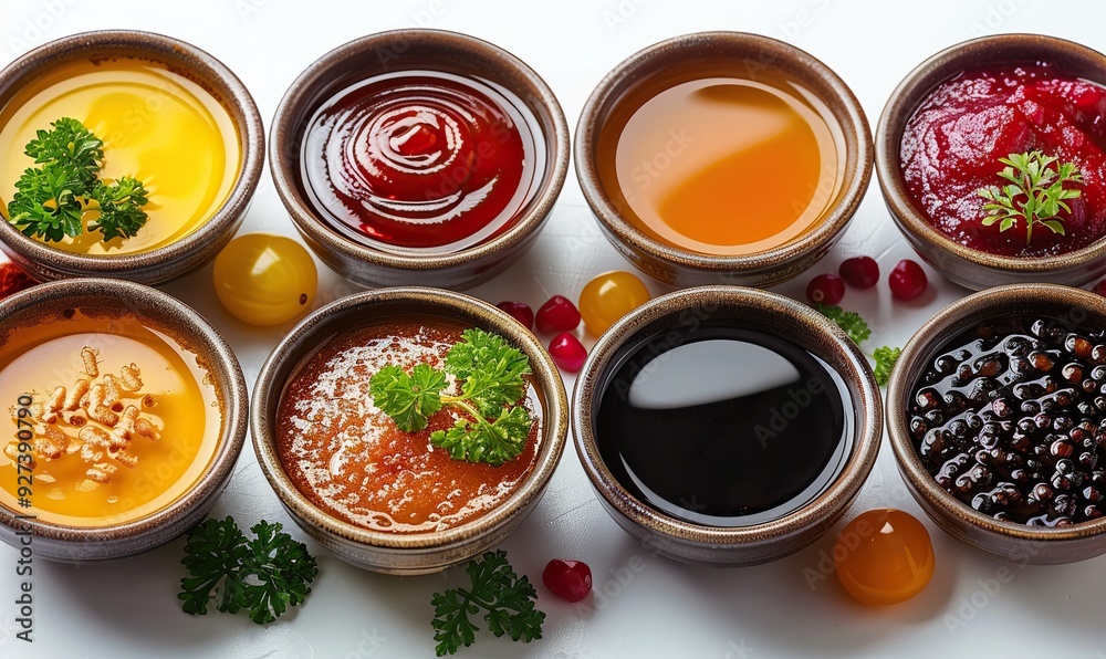 Various sauces are presented in bowls isolated on a transparent background, showcasing a colorful and appetizing array of condiments. Various sauces are presented in bowls isolated on a transparent background, showcasing a colorful and appetizing array of condiments.