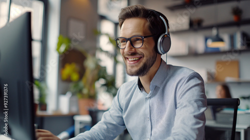 Wallpaper Mural Smiling Man with Headphones Working at Computer in Modern Office Torontodigital.ca