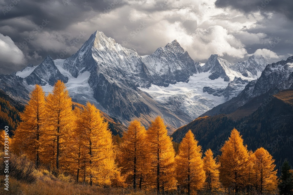 Golden Larch Trees Against a Dramatic Mountain Range Golden Larch Trees Against a Dramatic Mountain Range