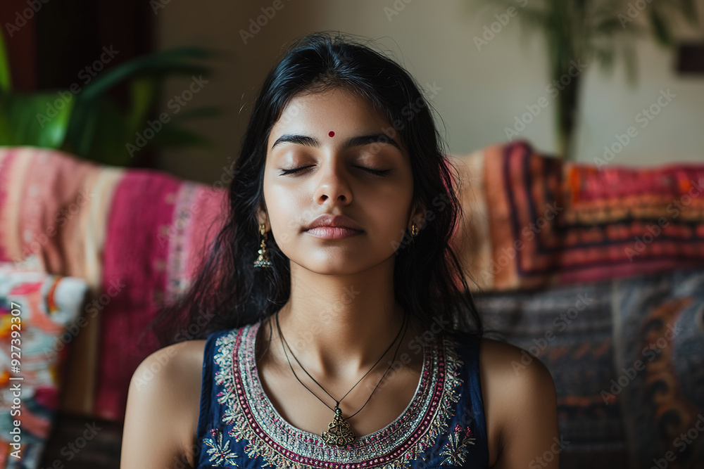 Calm Indian Woman in Deep Meditation on a Couch: Close-Up View of Yoga Practice for Mental Wellness in a Comfortable Living Room Setting