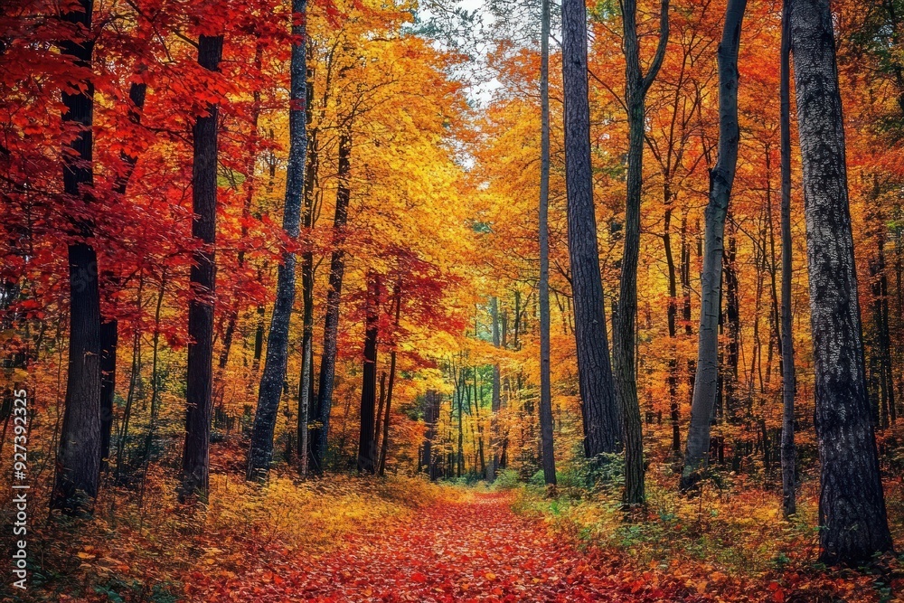 Fototapeta premium Forest Path Amidst Vibrant Autumn Foliage