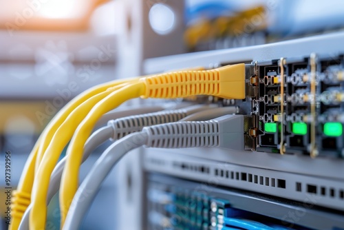 Close-up of network cables plugged into a server, representing data center infrastructure, connectivity, and modern networking technology.