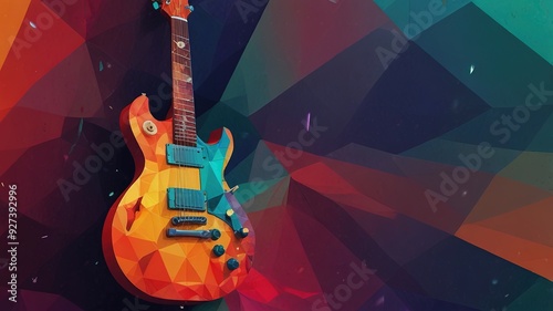 Abstract vector of a guitar in low-poly style, set against a vibrant, music-themed background