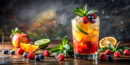 Refreshing cocktail with colorful fruit garnish on the rim of glass, refreshing, cocktail, drink, beverage, colorful, fruit