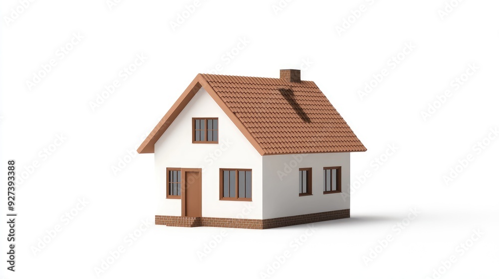 A 3D small house with a brown roof on a white background, minimalist and modern.