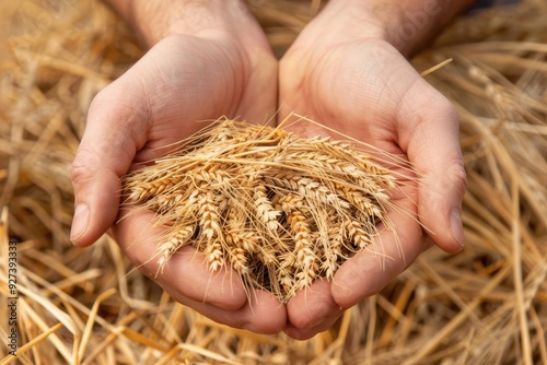 Close-up of hands gently holding wheat grains, symbolizing agriculture, harvest, and the bounty of farming in a golden wheat field.