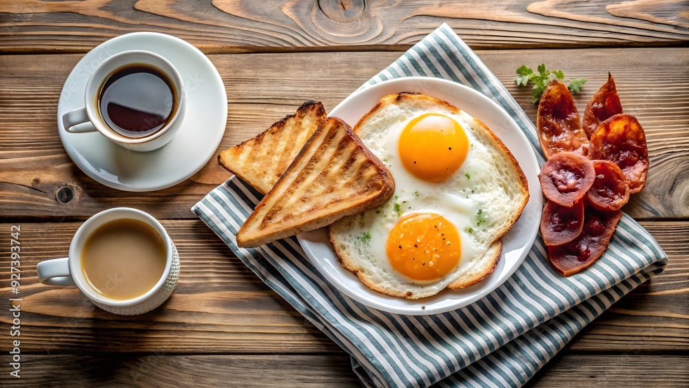 Breakfast spread with sunny side up eggs, crispy bacon, toast, and a cup of coffee , sunny side up, breakfast, eggs, bacon Breakfast spread with sunny side up eggs, crispy bacon, toast, and a cup of coffee , sunny side up, breakfast, eggs, bacon