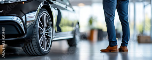 A well-dressed man standing next to a luxury car in a modern showroom, symbolizing car purchase, luxury lifestyle, or automotive sales.