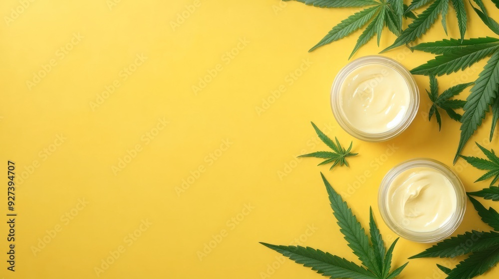 Top view of cannabis-infused skincare cream in jars surrounded by green leaves on a vibrant yellow background. Perfect for natural beauty, wellness, and self-care themes.