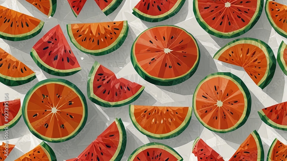 Abstract vector of a sliced fruit, like an orange or watermelon, in low-poly style, set against a simple white background