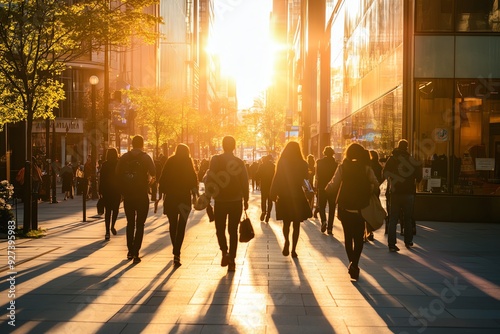 Silhouetted pedestrians walking on a city street at sunset