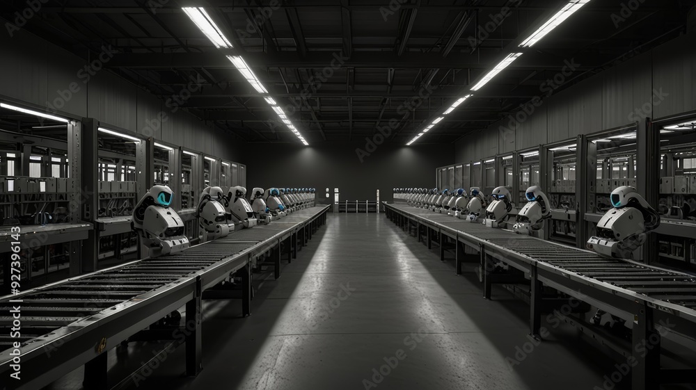 Obraz premium An ultra-modern robotic distribution center for mail and parcels, robots sorting and distribution tasks on conveyor