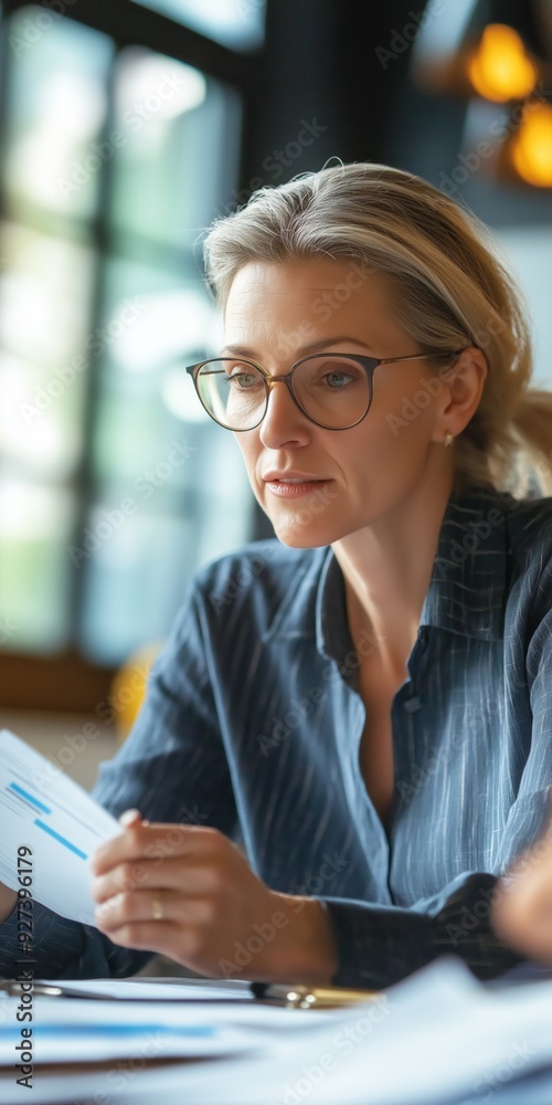 Fototapeta premium A woman wearing glasses is looking at a piece of paper. She is holding a pen and she is reading or writing something. Concept of focus and concentration, as the woman is deeply engaged in her task