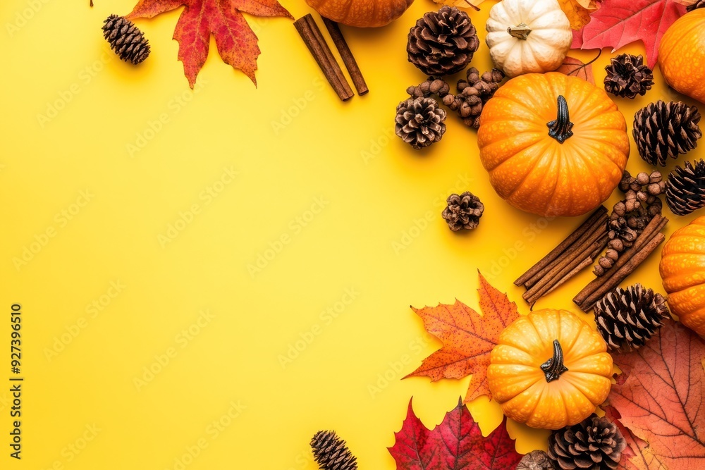 Autumnal Still Life with Pumpkins, Leaves, and Pine Cones