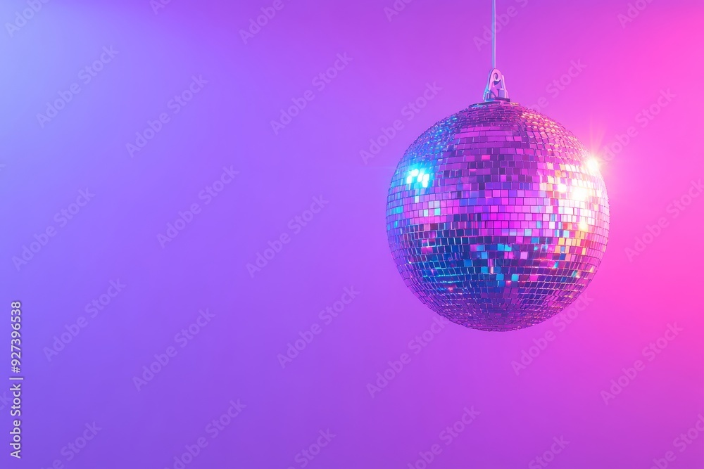 Shiny disco ball hanging against a vibrant purple background with copy space Shiny disco ball hanging against a vibrant purple background with copy space