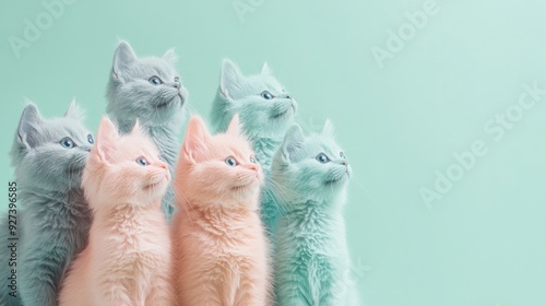 A bunch of cute pastel-colored cats, isolated on a soft green background, perfect for a whimsical design.