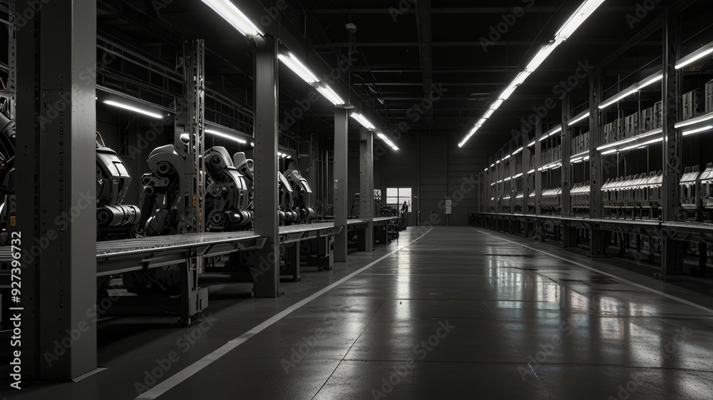 An ultra-modern robotic distribution center for mail and parcels, robots sorting and distribution tasks on conveyor An ultra-modern robotic distribution center for mail and parcels, robots sorting and distribution tasks on conveyor