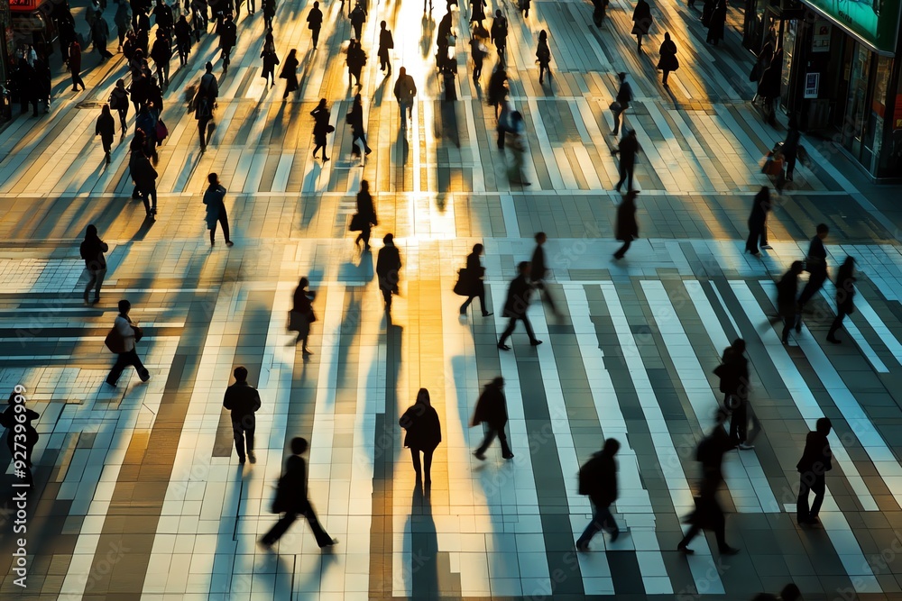 Obraz premium Silhouettes of People Walking on a Striped Pavement