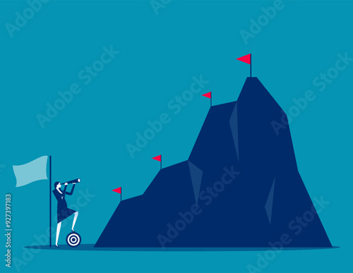 Ambition to success and achieve target, career growth or business goals, challenge to win, achievement. Motivated businessman reach mountain peak aiming to achieve higher targets.