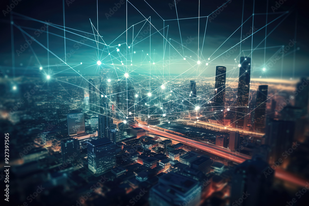 Fototapeta premium Night City With Lights And Connection Routes In The Sky High Speed Internet Technologies
