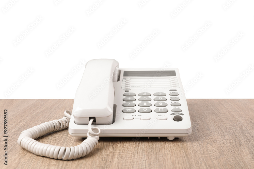 Telephone on wooden table against light background Telephone on wooden table against light background