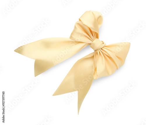 One yellow satin bow isolated on white, top view